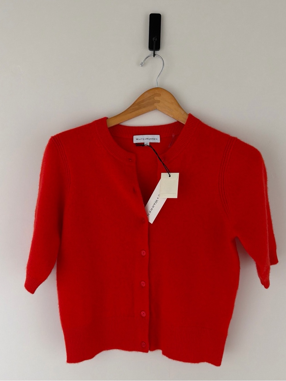 White + Warren Vibrant Red Cashmere Short-Sleeve Button Cardigan
